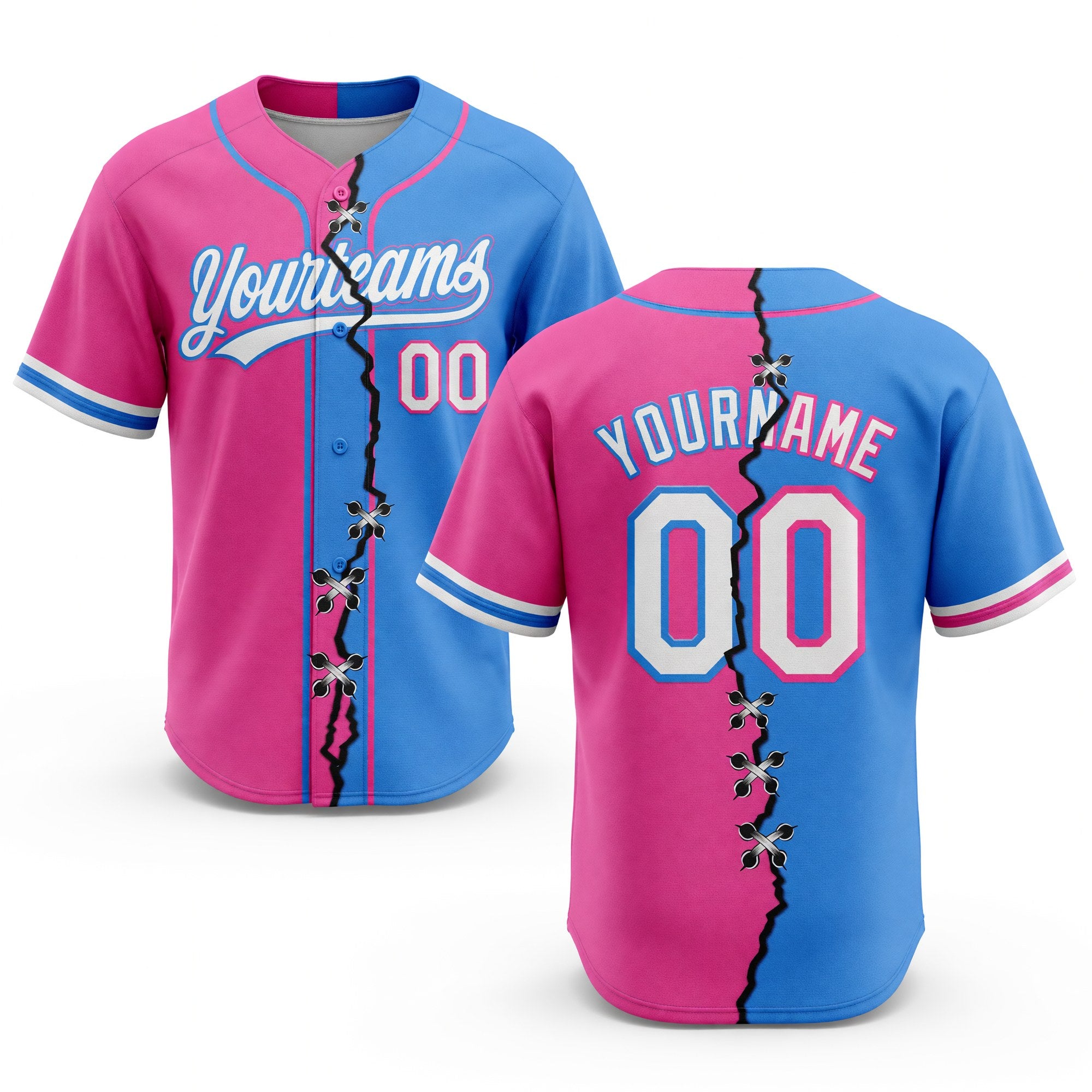 Custom Pink White-Powder Blue Split Ripped Pattern Baseball Pullover Sweatshirt Hoodie