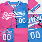 Custom Pink White-Powder Blue Split Ripped Pattern Baseball Pullover Sweatshirt Hoodie detail