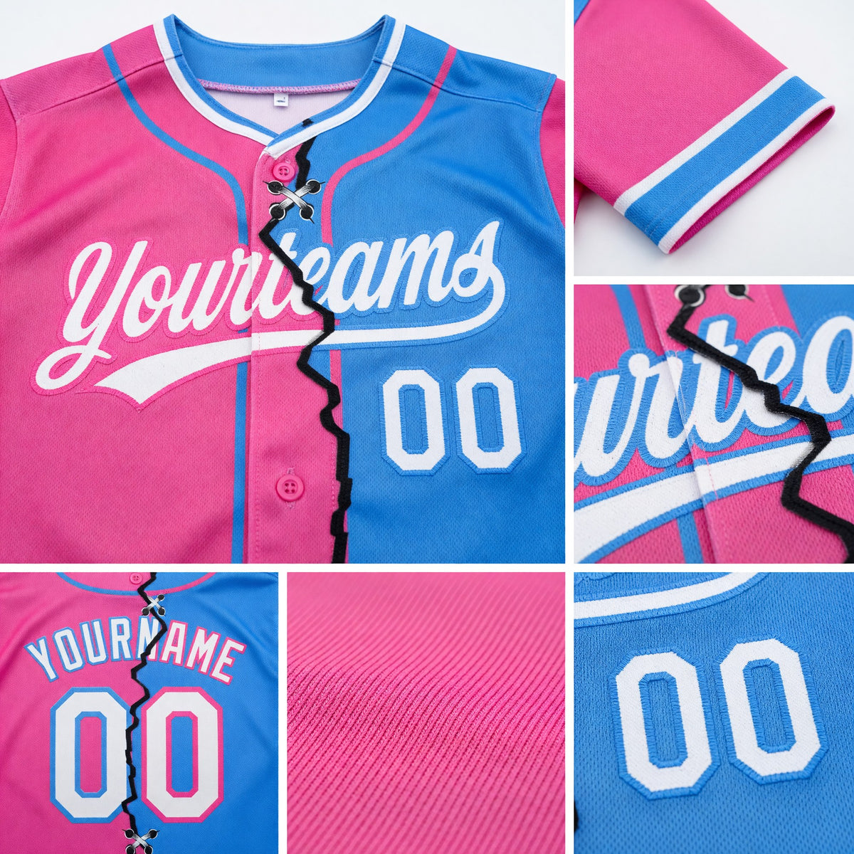 Custom Pink White-Powder Blue Split Ripped Pattern Baseball Pullover Sweatshirt Hoodie detail