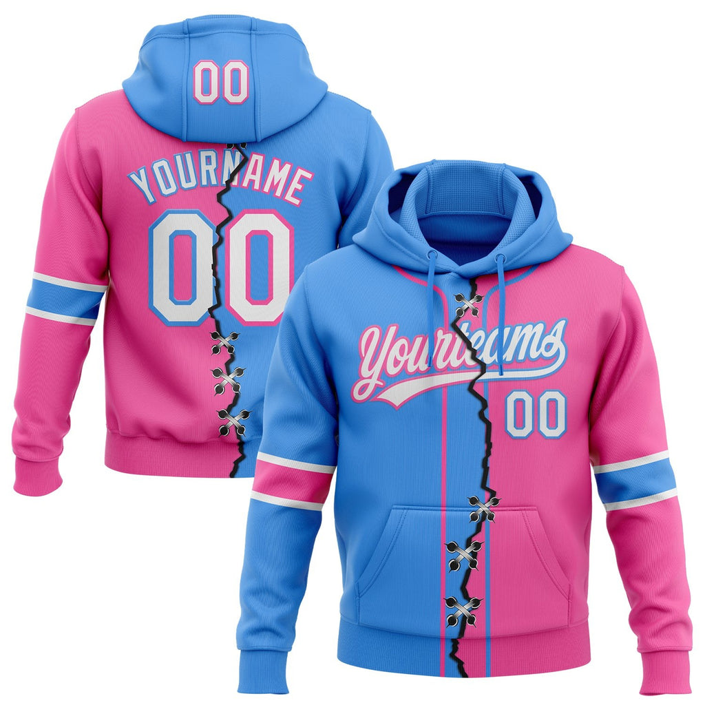 Custom Pink White-Powder Blue Split Ripped Pattern Baseball Pullover Sweatshirt Hoodie photo 1