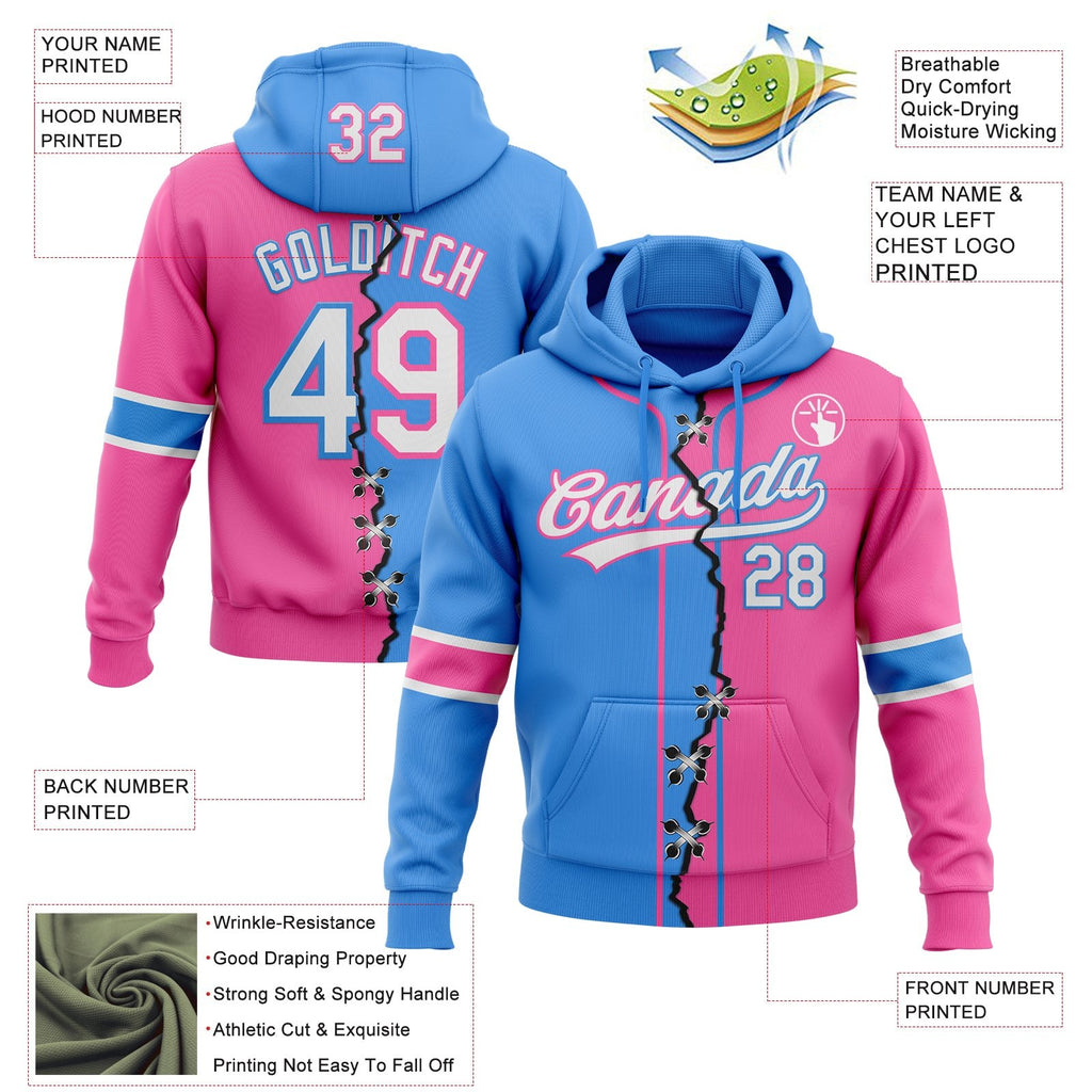 Custom Pink White-Powder Blue Split Ripped Pattern Baseball Pullover Sweatshirt Hoodie photo 3