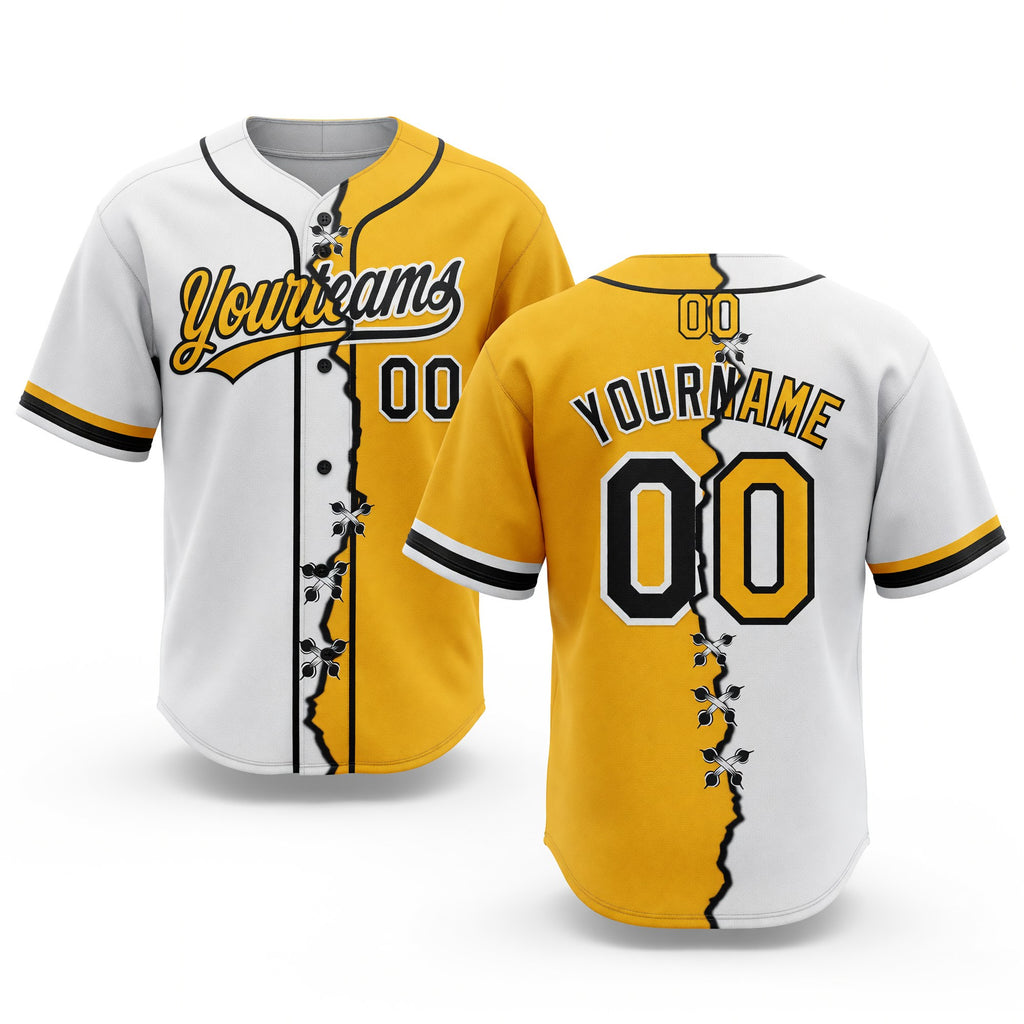 Custom Gold Black-White Split Ripped Pattern Baseball Pullover Sweatshirt Hoodie