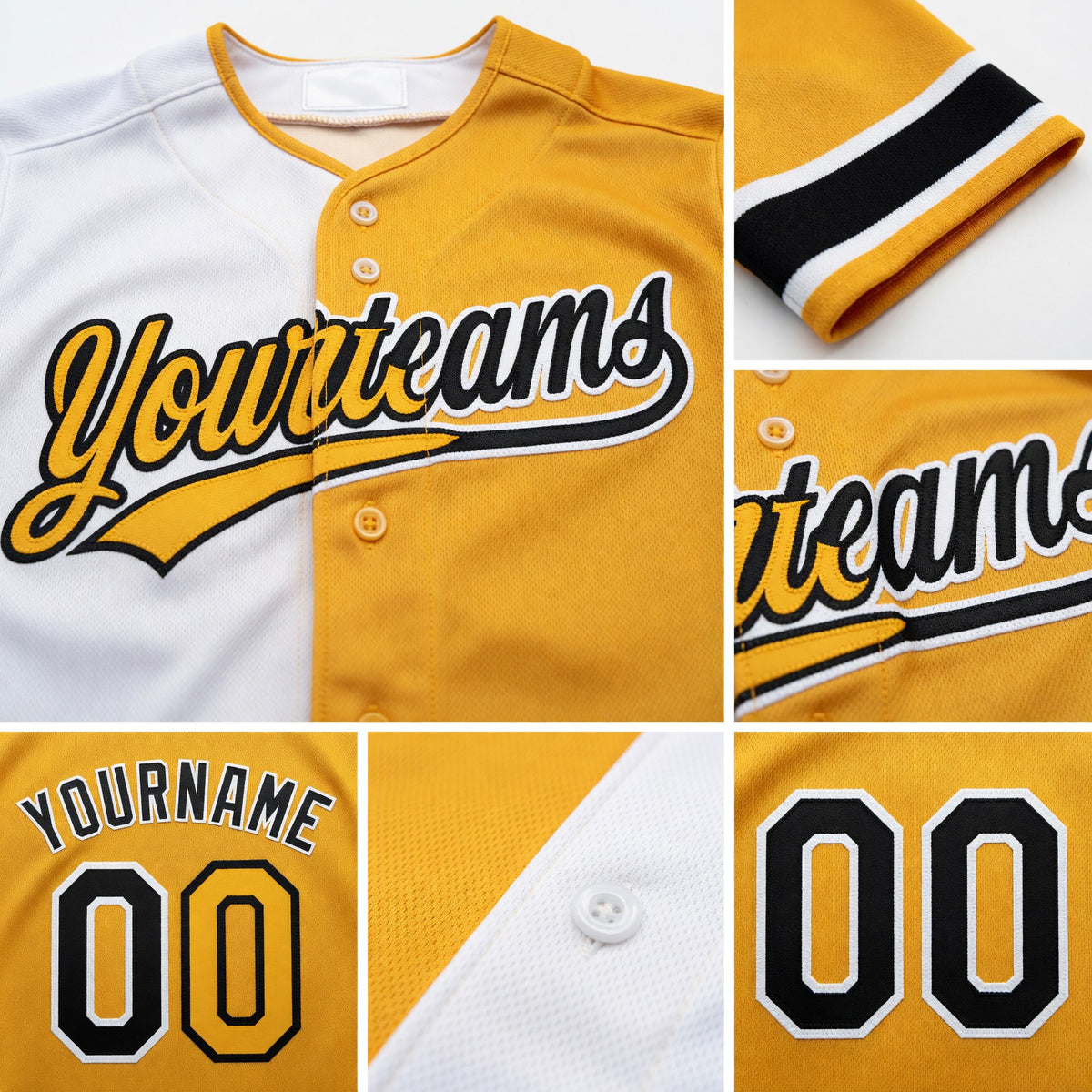 Custom Gold Black-White Split Ripped Pattern Baseball Pullover Sweatshirt Hoodie detail
