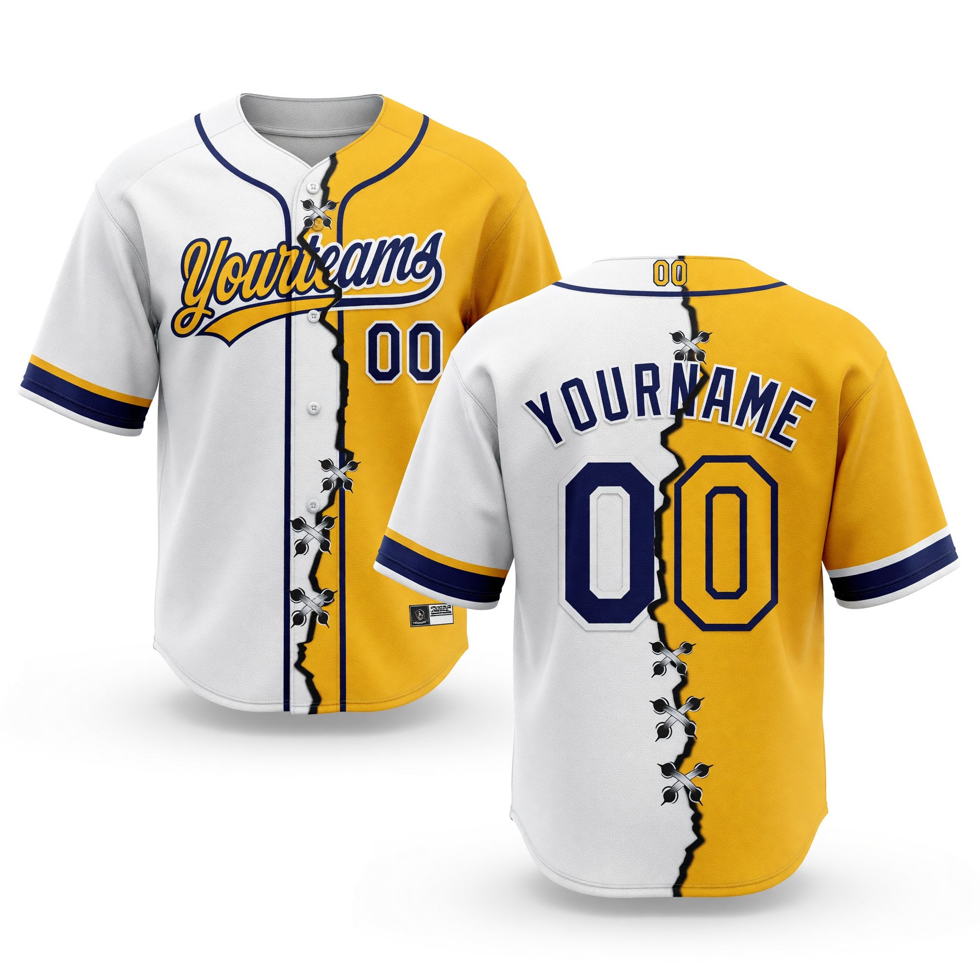 Custom Gold Navy-White Split Ripped Pattern Baseball Pullover Sweatshirt Hoodie