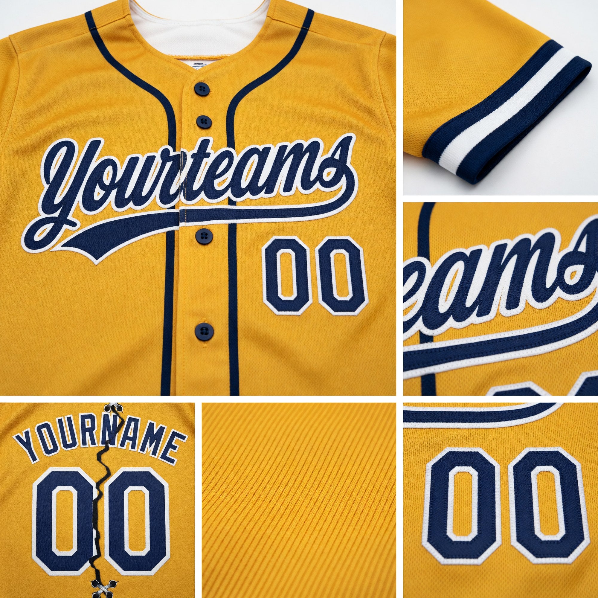 Custom Gold Navy-White Split Ripped Pattern Baseball Pullover Sweatshirt Hoodie detail