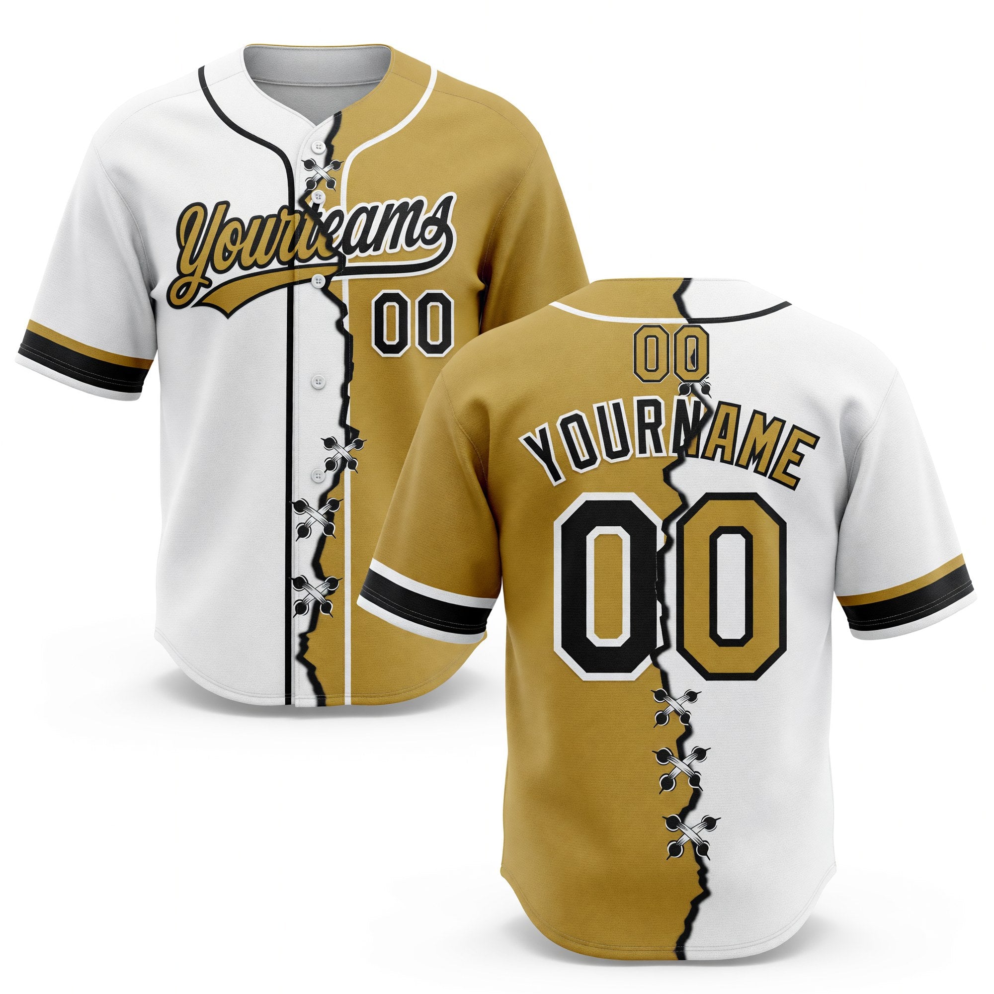 Custom Old Gold Black-White Split Ripped Pattern Baseball Pullover Sweatshirt Hoodie