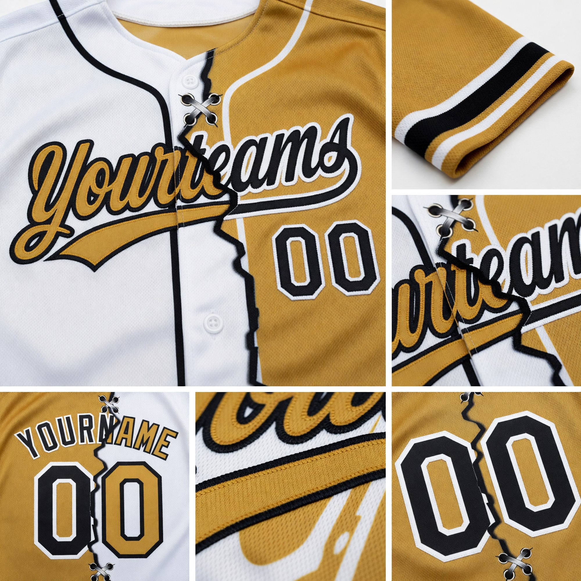 Custom Old Gold Black-White Split Ripped Pattern Baseball Pullover Sweatshirt Hoodie detail