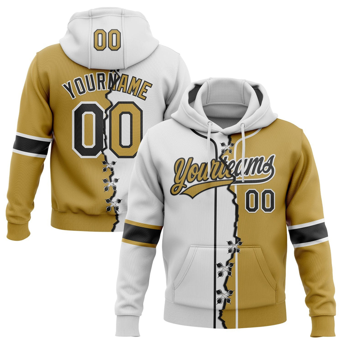 Custom Old Gold Black-White Split Ripped Pattern Baseball Pullover Sweatshirt Hoodie photo 1