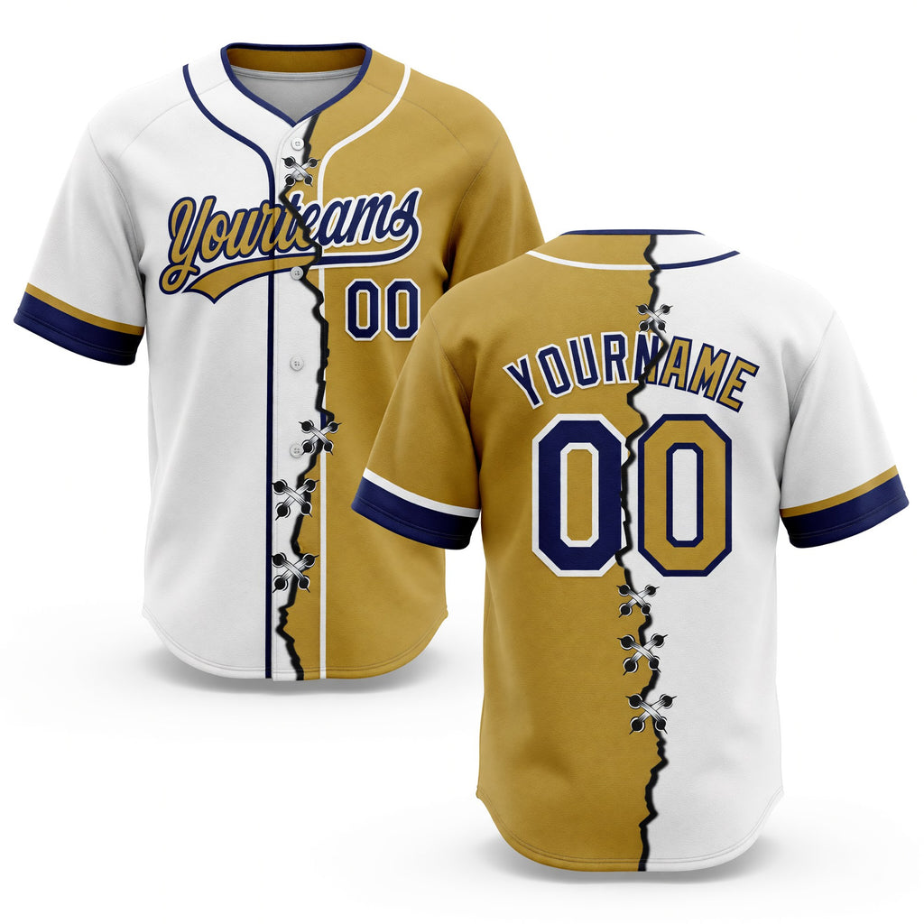 Custom Old Gold Navy-White Split Ripped Pattern Baseball Pullover Sweatshirt Hoodie