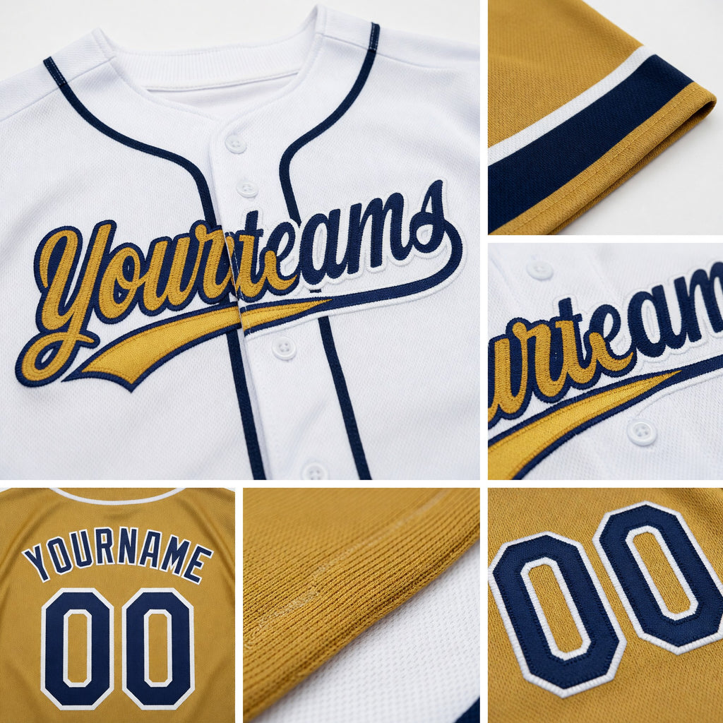 Custom Old Gold Navy-White Split Ripped Pattern Baseball Pullover Sweatshirt Hoodie detail