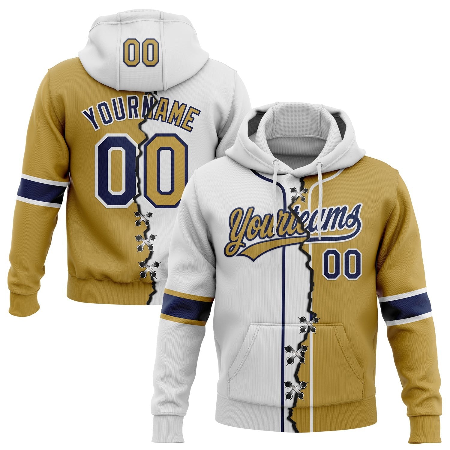Custom Old Gold Navy-White Split Ripped Pattern Baseball Pullover Sweatshirt Hoodie photo 1
