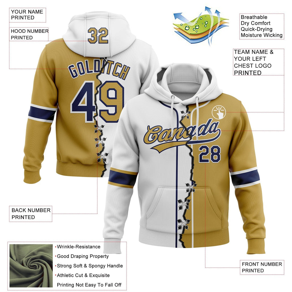 Custom Old Gold Navy-White Split Ripped Pattern Baseball Pullover Sweatshirt Hoodie photo 3
