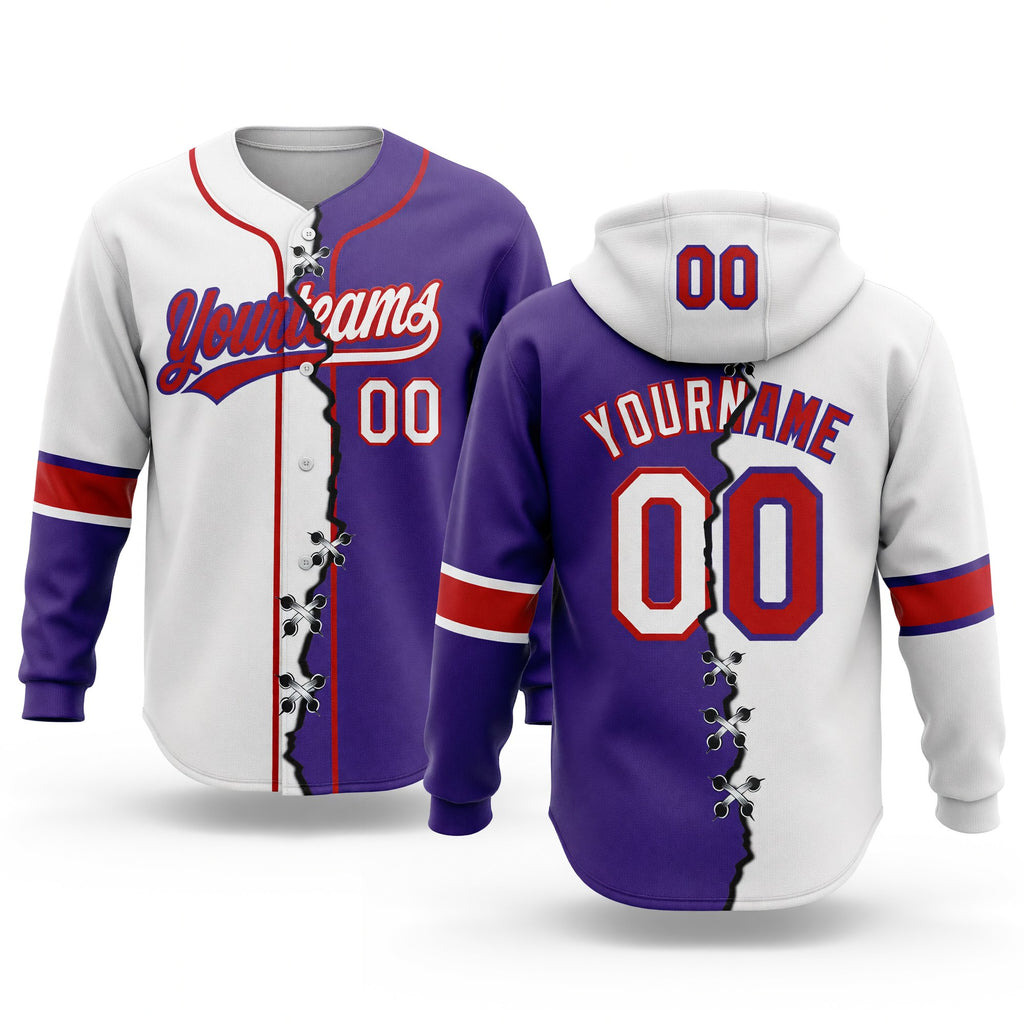 Custom Purple White-Red Split Ripped Pattern Baseball Pullover Sweatshirt Hoodie