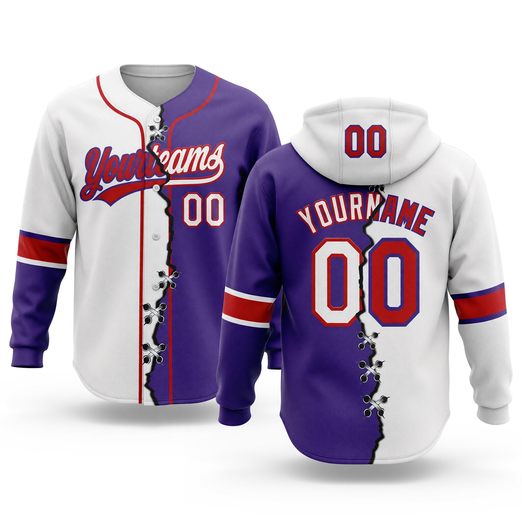 Custom Purple White-Red Split Ripped Pattern Baseball Pullover Sweatshirt Hoodie
