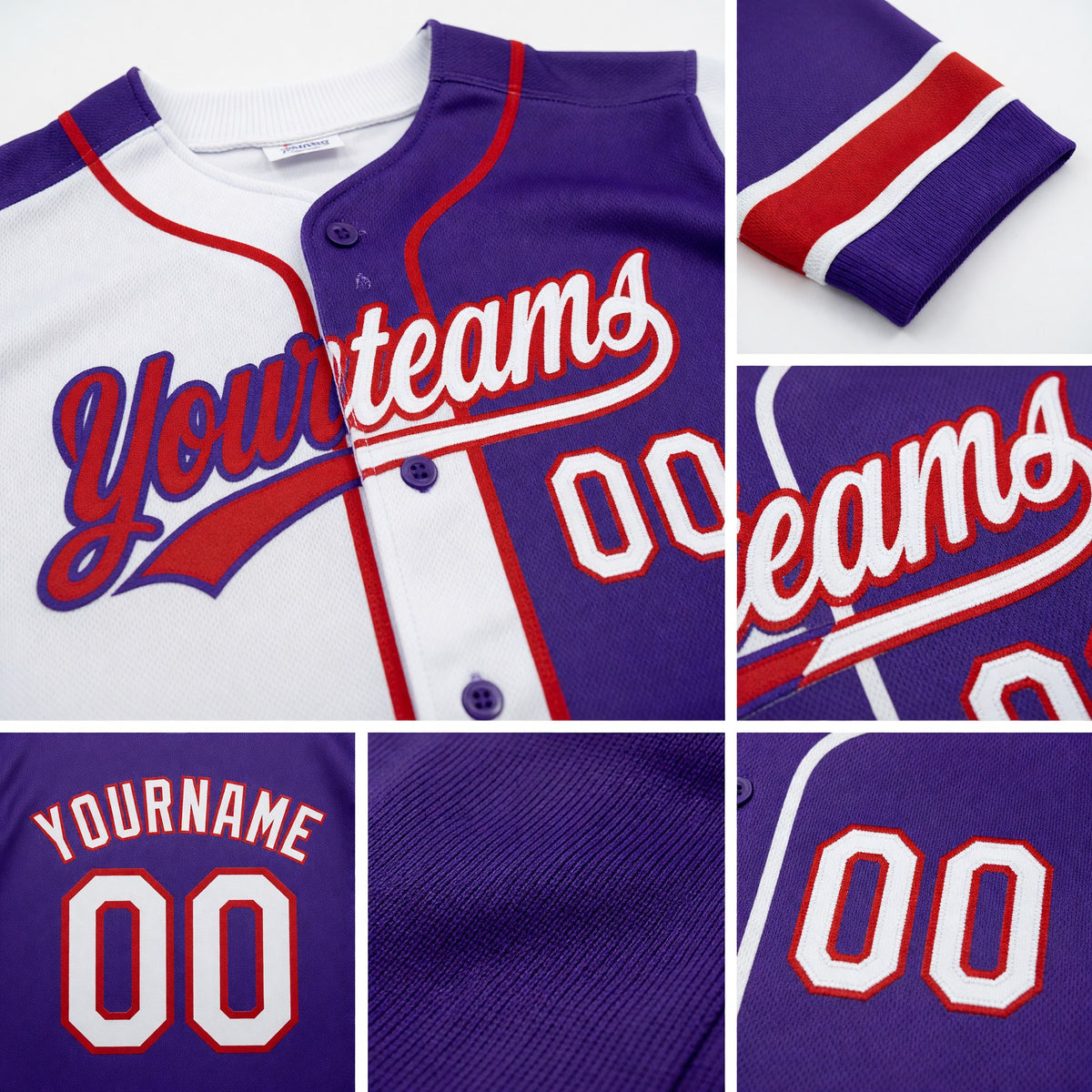 Custom Purple White-Red Split Ripped Pattern Baseball Pullover Sweatshirt Hoodie detail