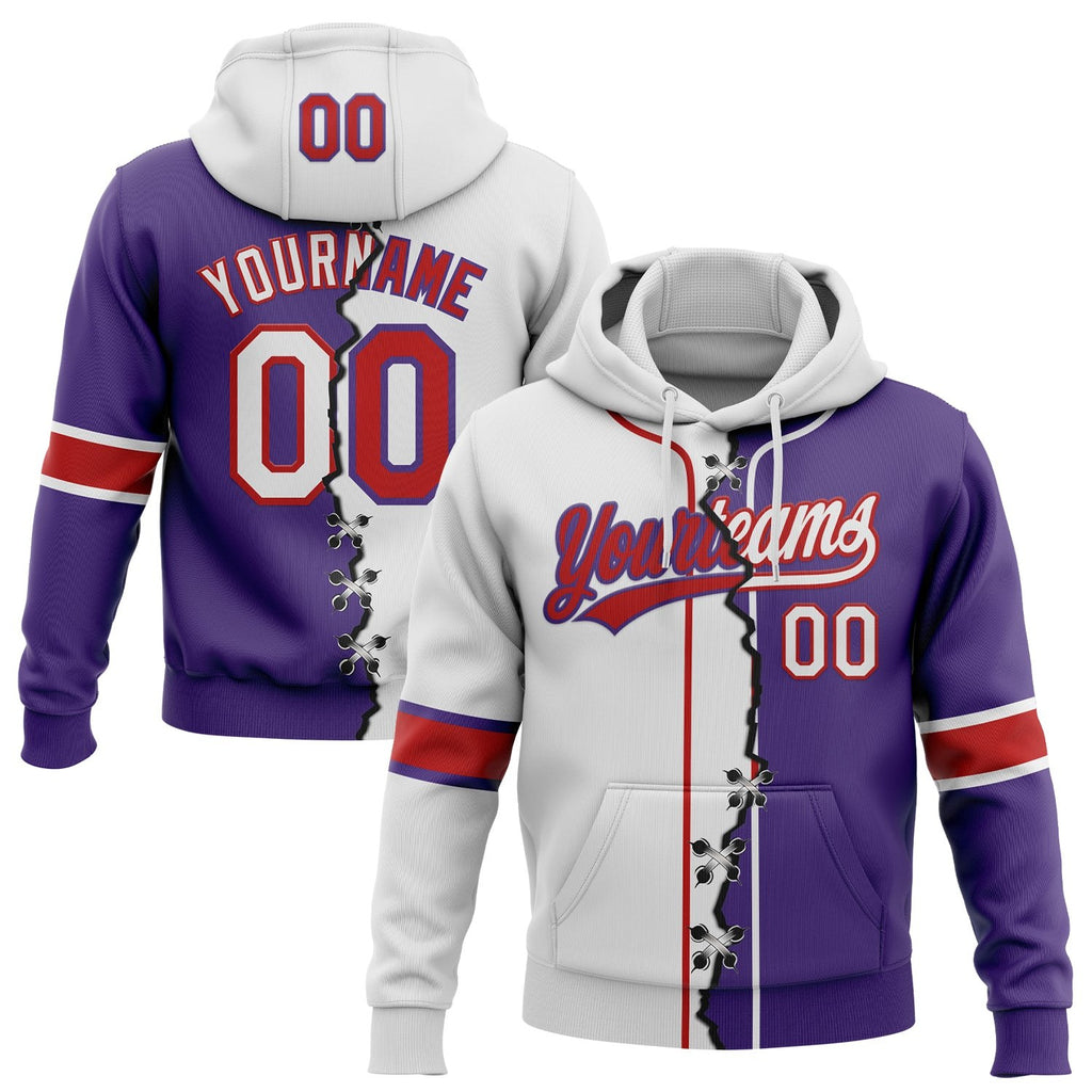 Custom Purple White-Red Split Ripped Pattern Baseball Pullover Sweatshirt Hoodie photo 1