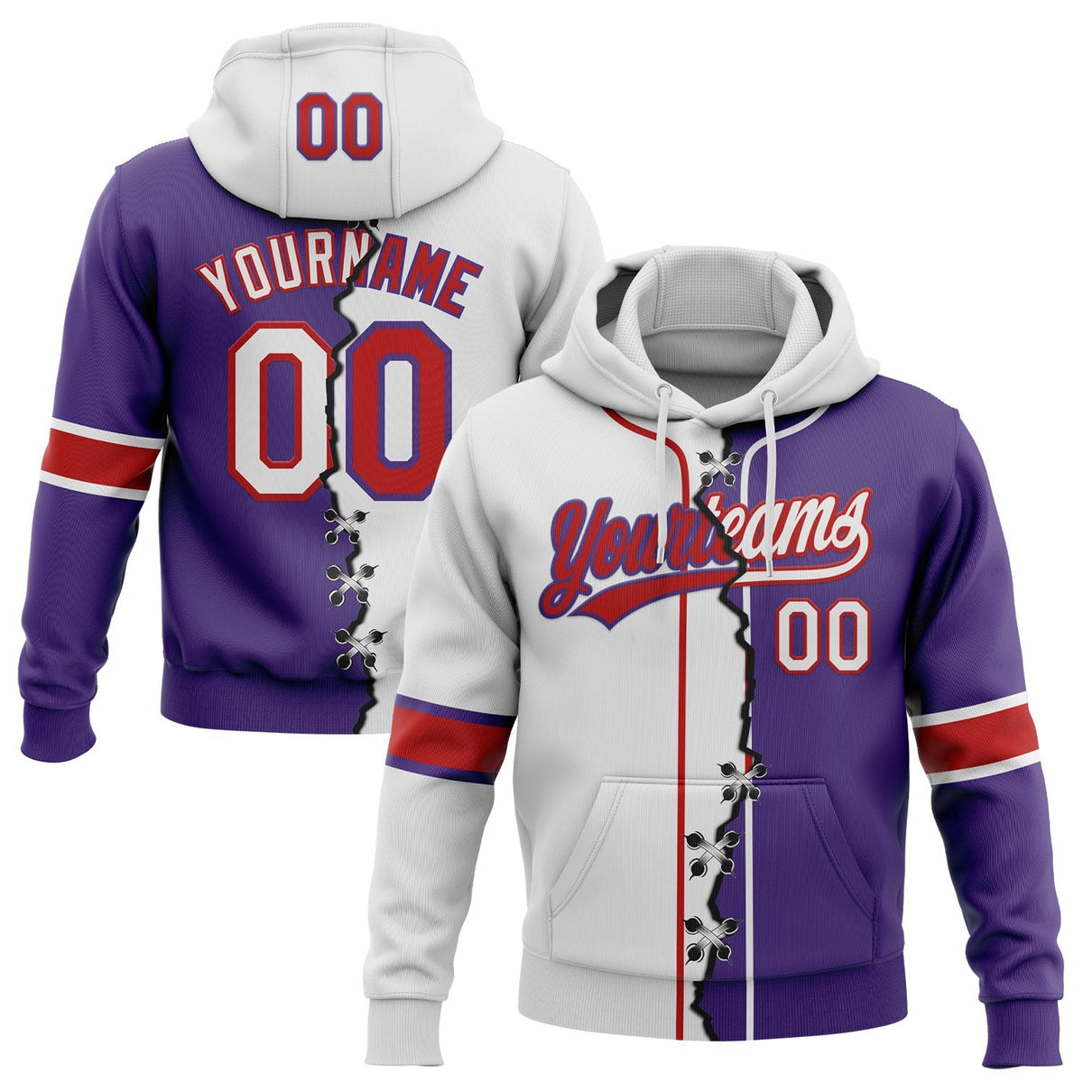 Custom Purple White-Red Split Ripped Pattern Baseball Pullover Sweatshirt Hoodie photo 1