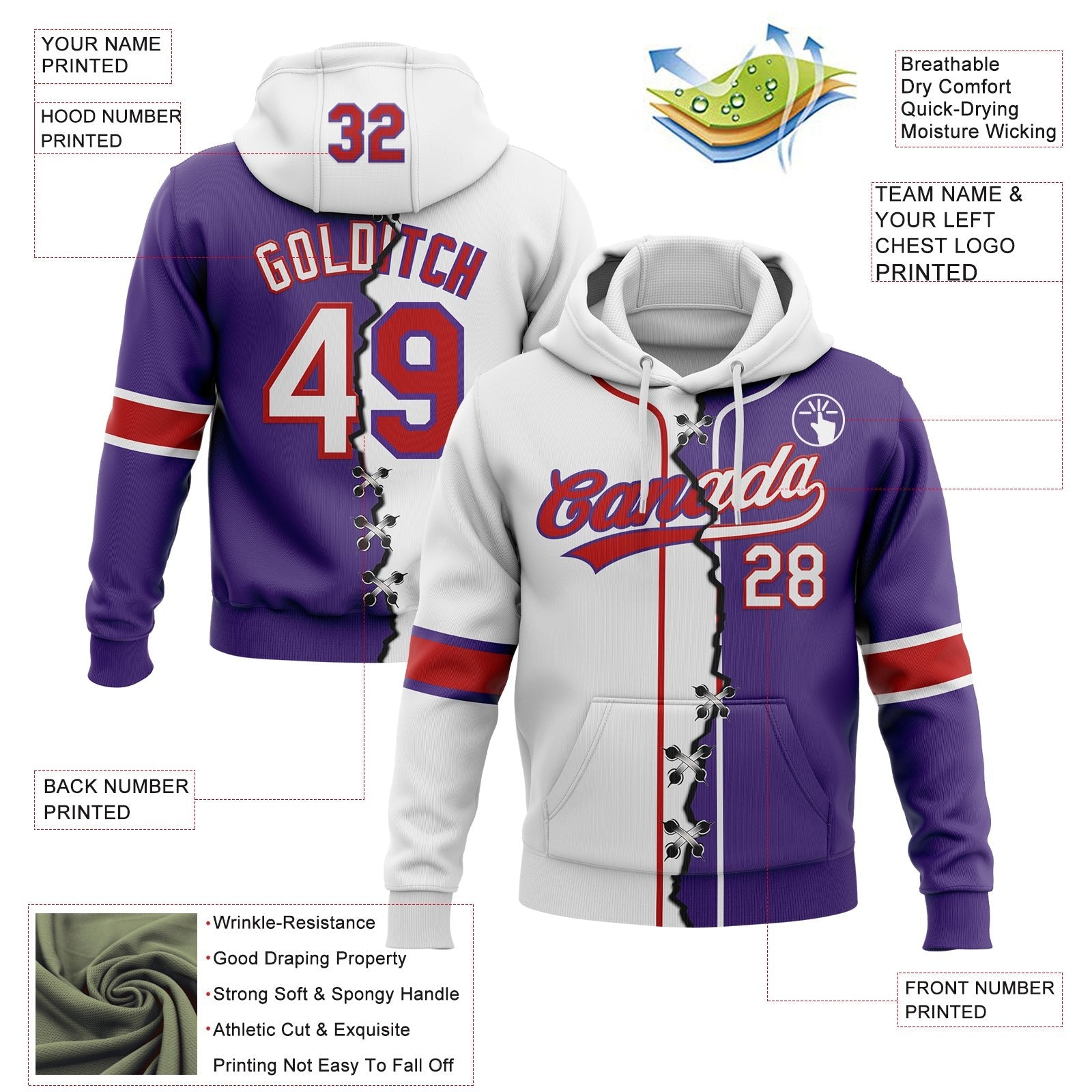Custom Purple White-Red Split Ripped Pattern Baseball Pullover Sweatshirt Hoodie photo 3