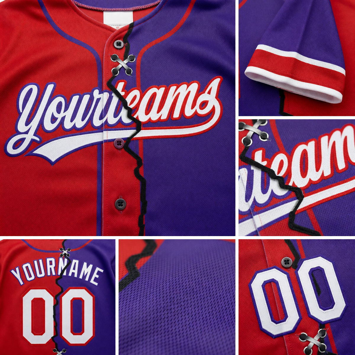 Custom Purple White-Red Split Ripped Pattern Baseball Pullover Sweatshirt Hoodie detail