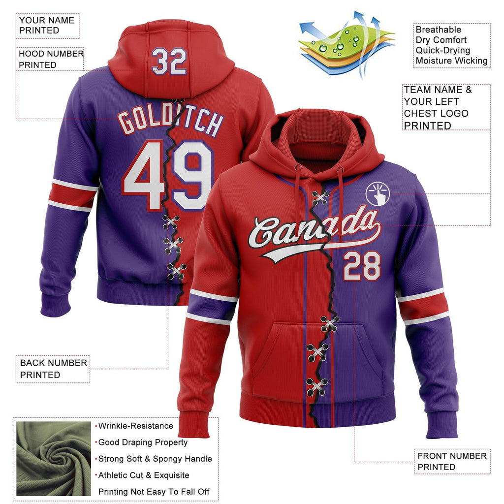 Custom Purple White-Red Split Ripped Pattern Baseball Pullover Sweatshirt Hoodie photo 3