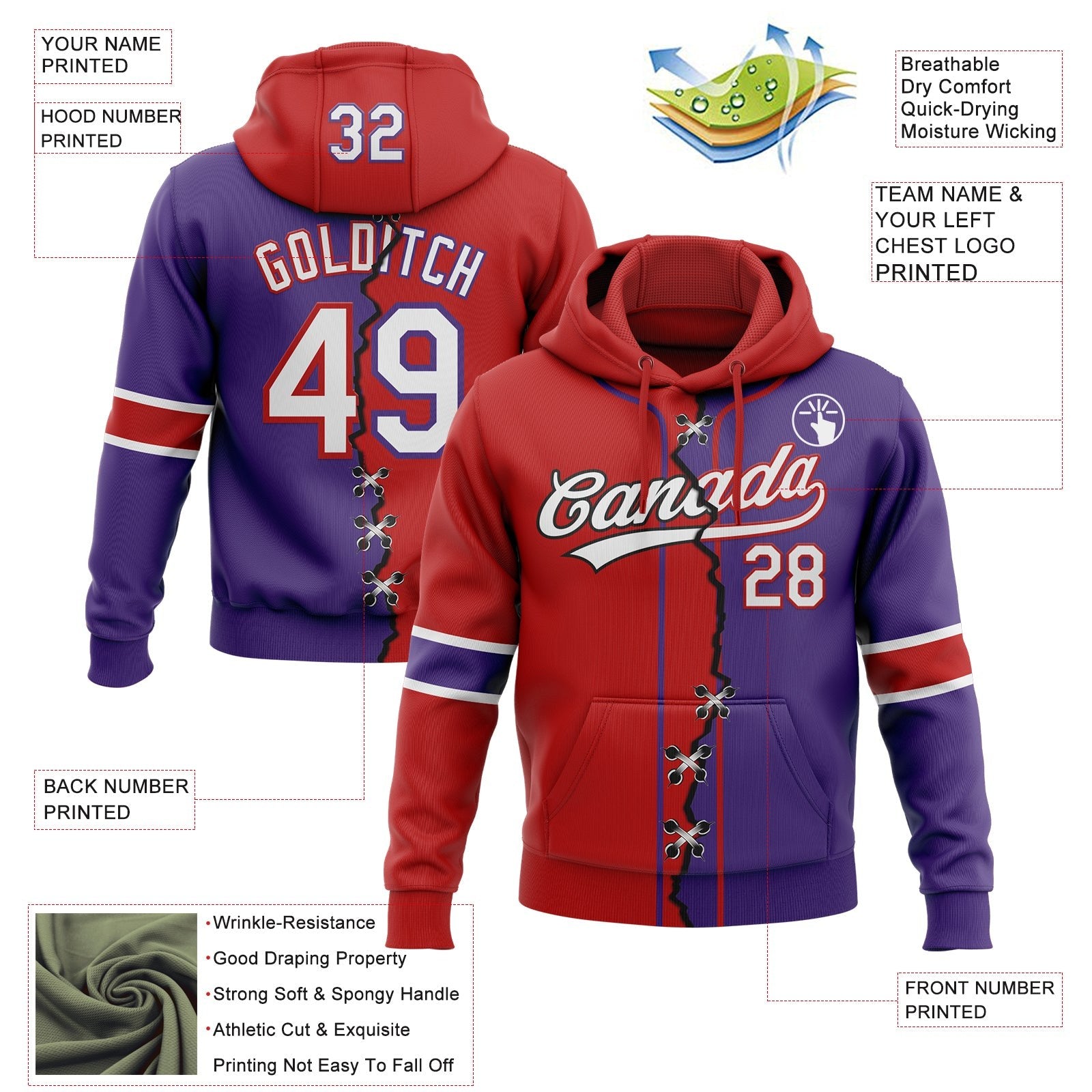 Custom Purple White-Red Split Ripped Pattern Baseball Pullover Sweatshirt Hoodie photo 3