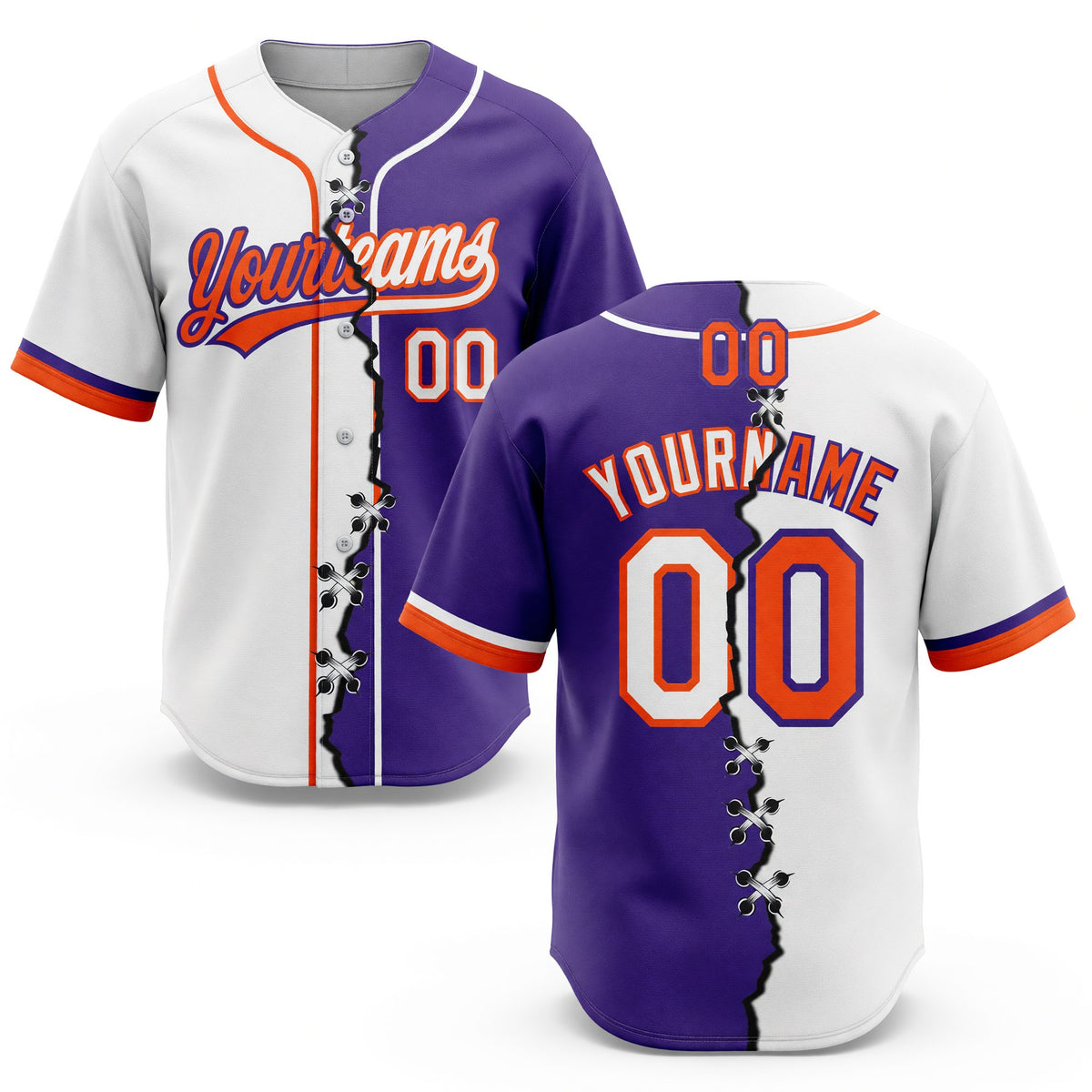 Custom Purple White-Orange Split Ripped Pattern Baseball Pullover Sweatshirt Hoodie