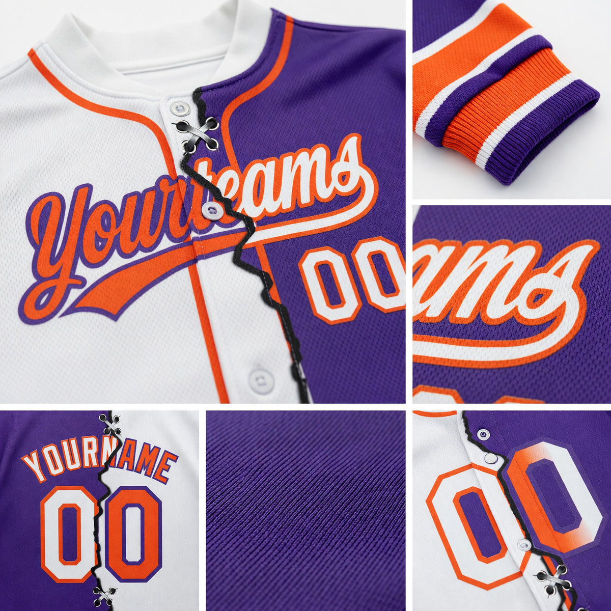 Custom Purple White-Orange Split Ripped Pattern Baseball Pullover Sweatshirt Hoodie detail