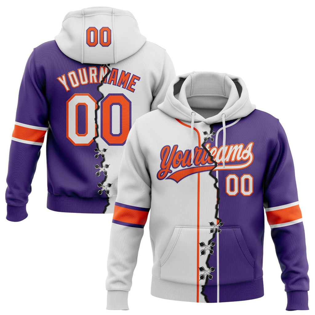 Custom Purple White-Orange Split Ripped Pattern Baseball Pullover Sweatshirt Hoodie photo 1