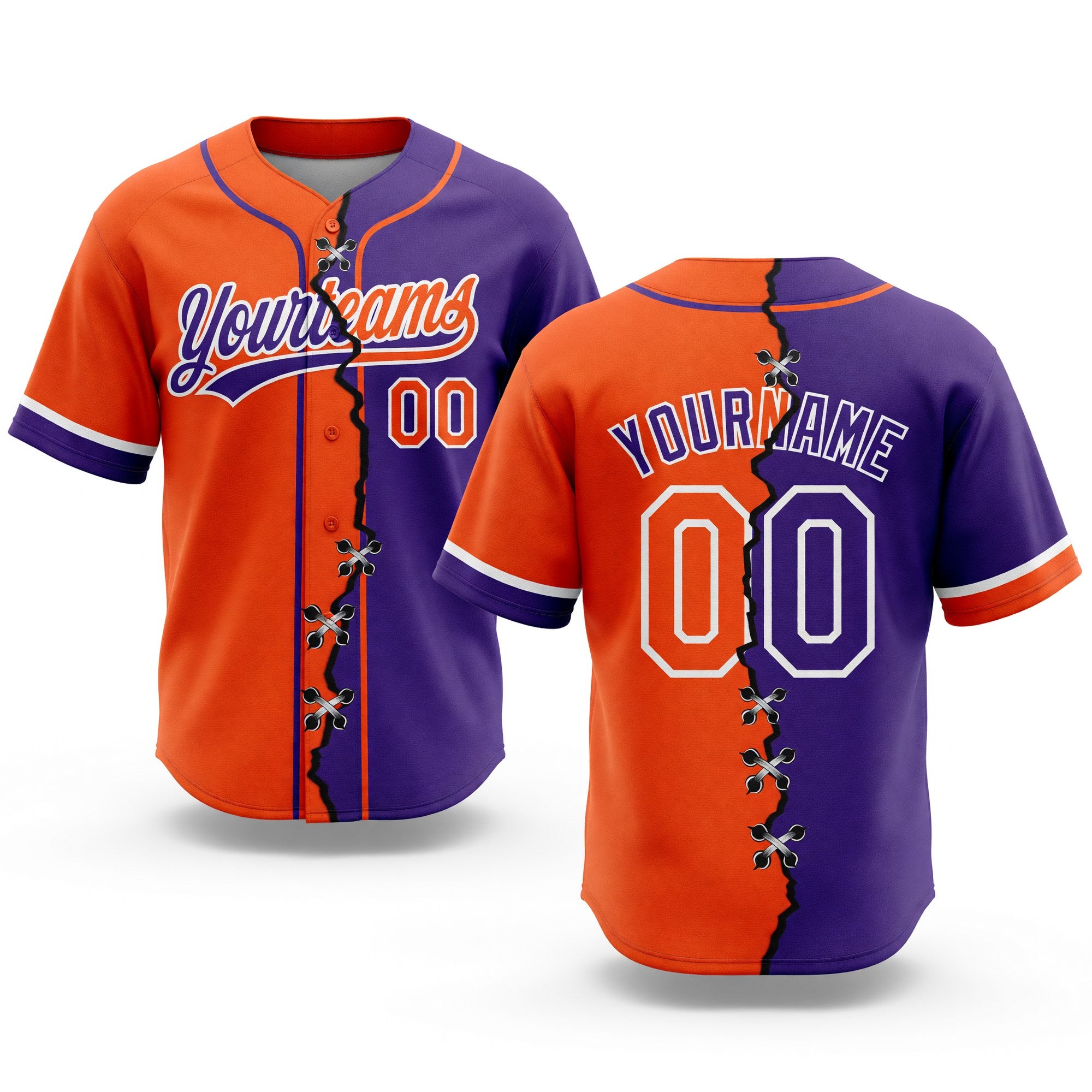Custom Purple Orange-White Split Ripped Pattern Baseball Pullover Sweatshirt Hoodie