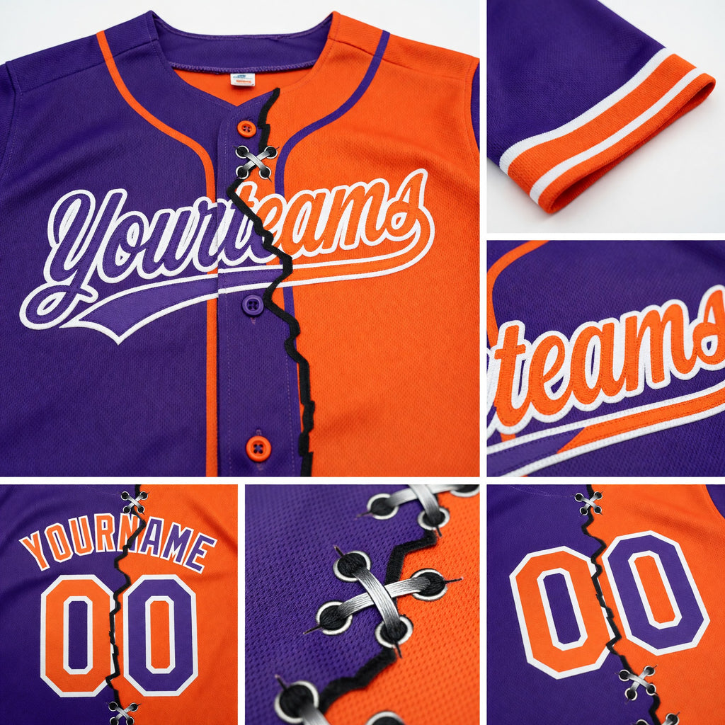 Custom Purple Orange-White Split Ripped Pattern Baseball Pullover Sweatshirt Hoodie detail