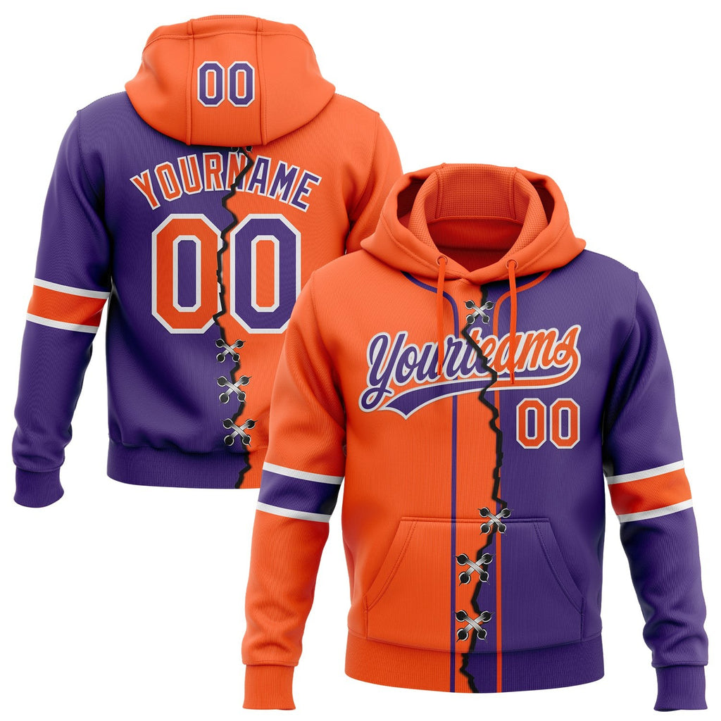 Custom Purple Orange-White Split Ripped Pattern Baseball Pullover Sweatshirt Hoodie photo 1