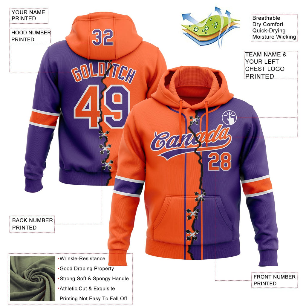 Custom Purple Orange-White Split Ripped Pattern Baseball Pullover Sweatshirt Hoodie photo 3