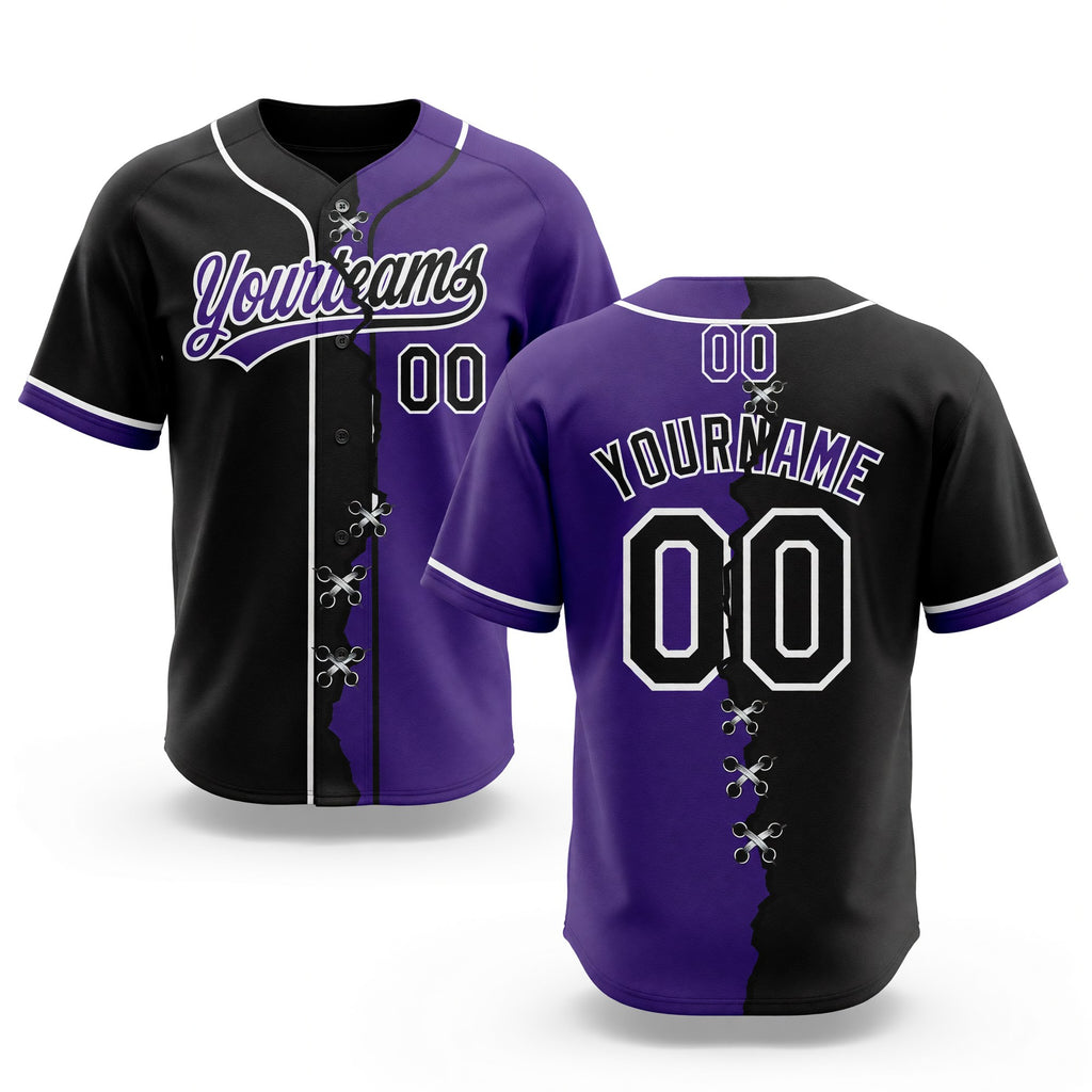 Custom Purple Black-White Split Ripped Pattern Baseball Pullover Sweatshirt Hoodie