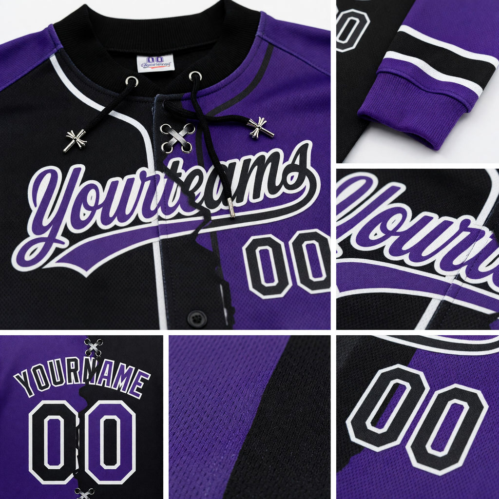 Custom Purple Black-White Split Ripped Pattern Baseball Pullover Sweatshirt Hoodie detail