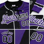 Custom Purple Black-White Split Ripped Pattern Baseball Pullover Sweatshirt Hoodie detail