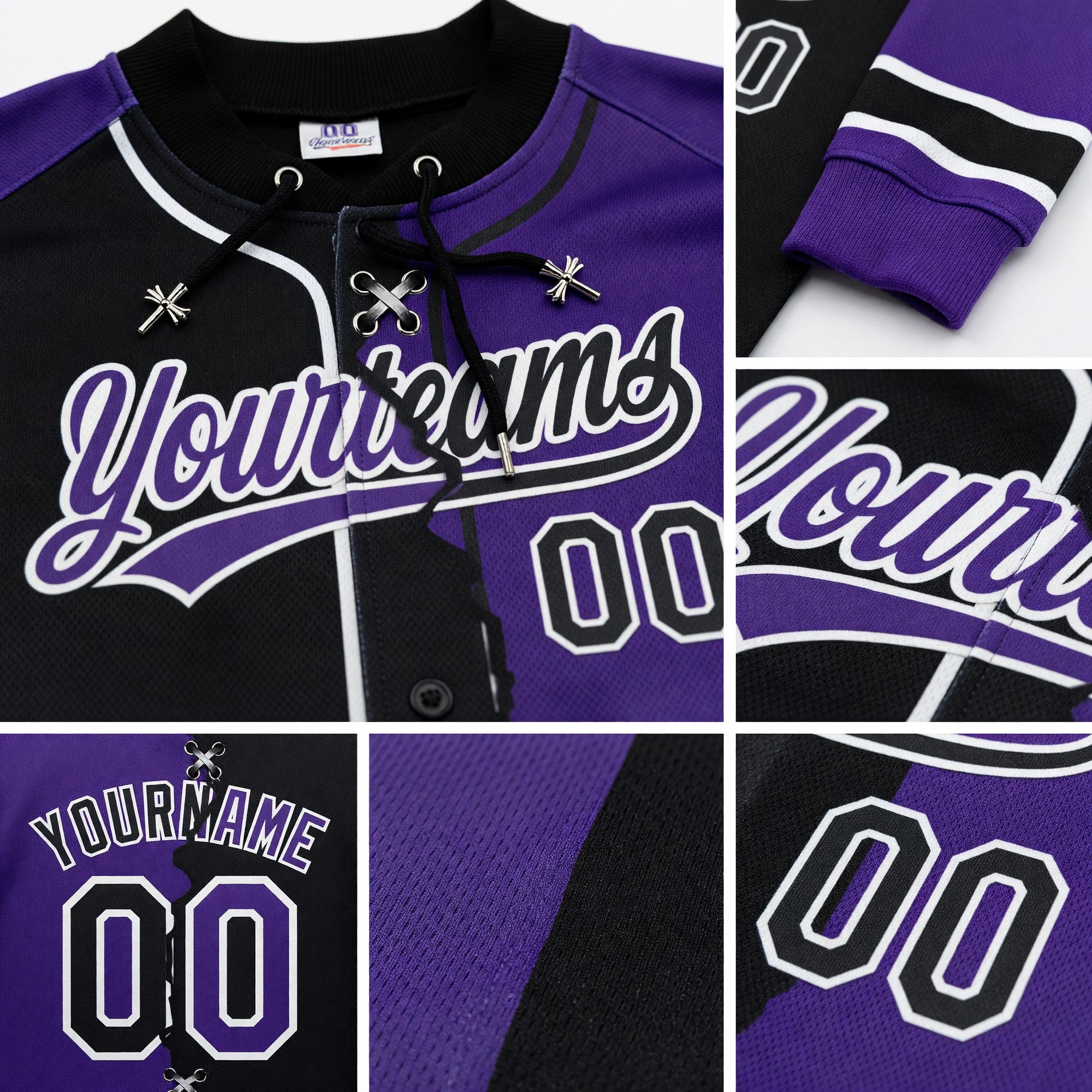 Custom Purple Black-White Split Ripped Pattern Baseball Pullover Sweatshirt Hoodie detail