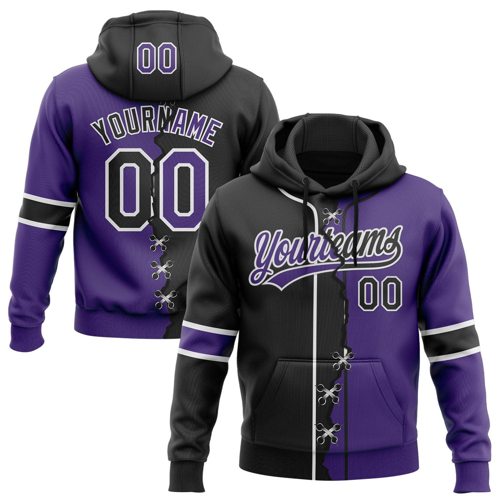 Custom Purple Black-White Split Ripped Pattern Baseball Pullover Sweatshirt Hoodie photo 1