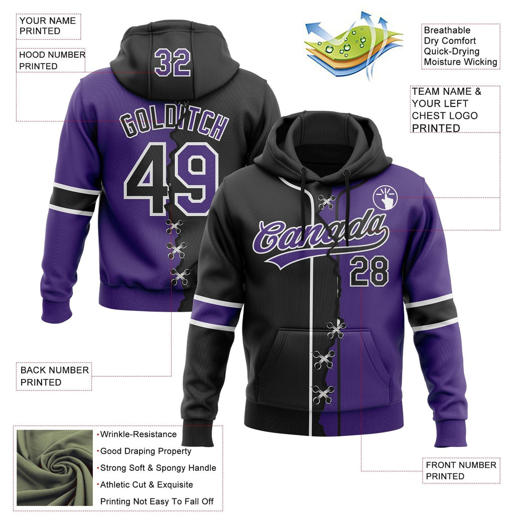 Custom Purple Black-White Split Ripped Pattern Baseball Pullover Sweatshirt Hoodie photo 3