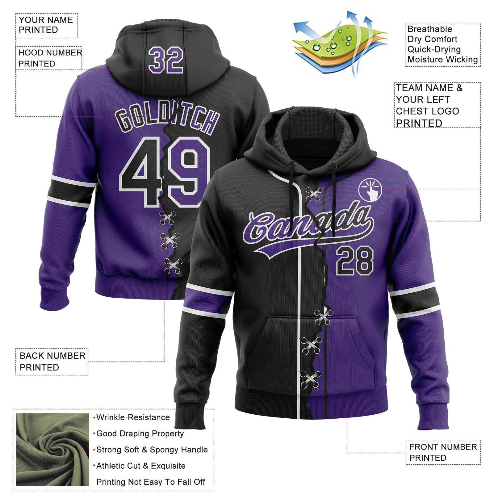 Custom Purple Black-White Split Ripped Pattern Baseball Pullover Sweatshirt Hoodie photo 3