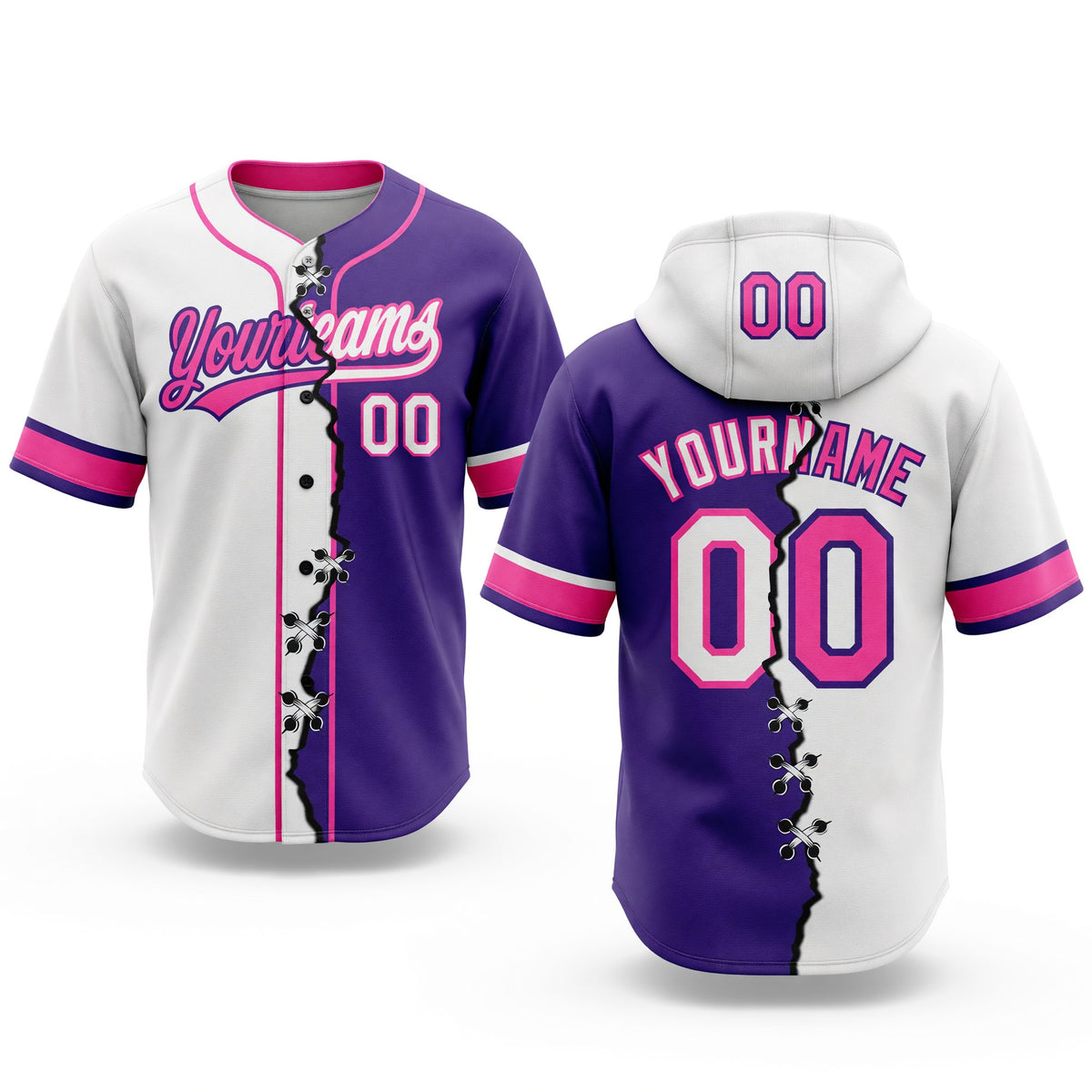Custom Purple White-Pink Split Ripped Pattern Baseball Pullover Sweatshirt Hoodie