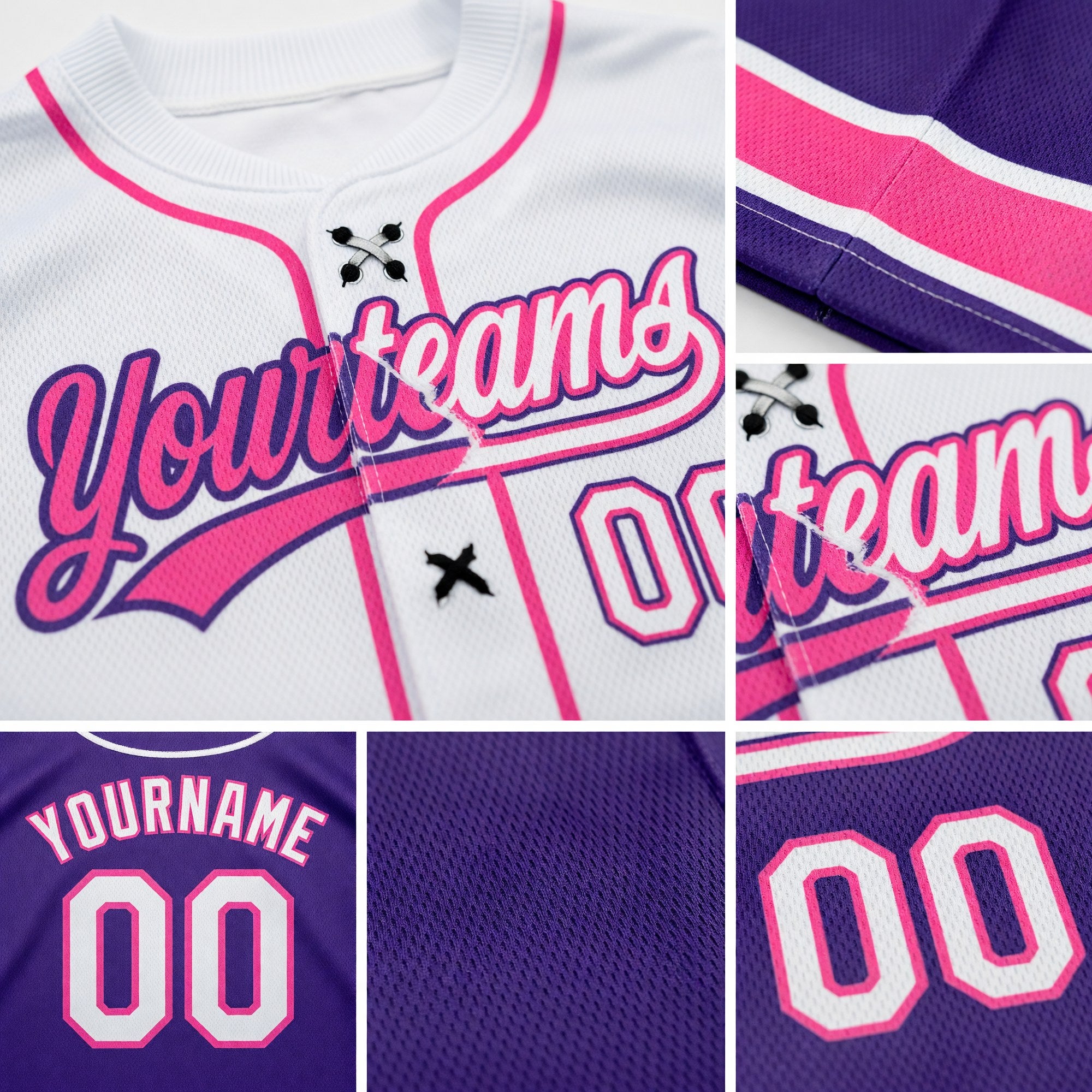 Custom Purple White-Pink Split Ripped Pattern Baseball Pullover Sweatshirt Hoodie detail