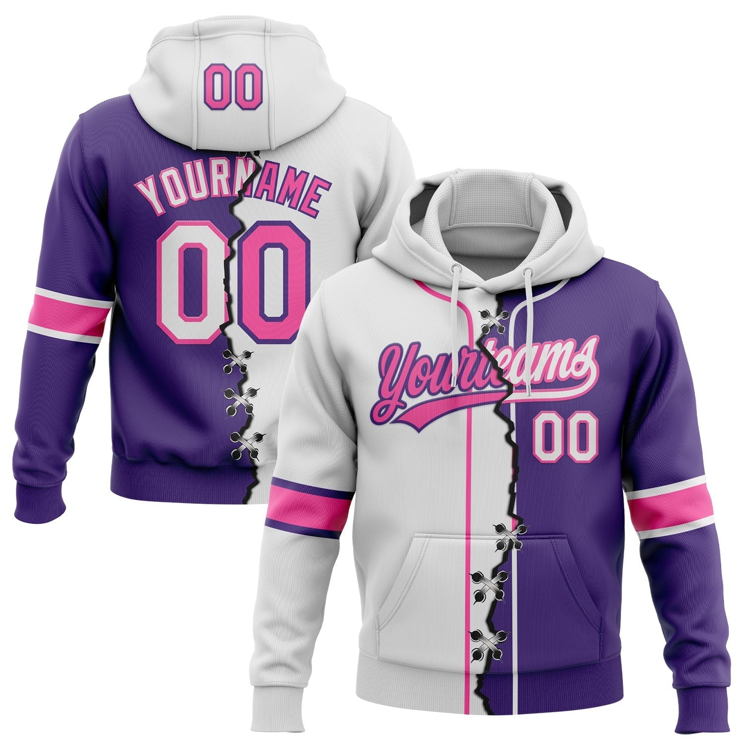 Custom Purple White-Pink Split Ripped Pattern Baseball Pullover Sweatshirt Hoodie photo 1