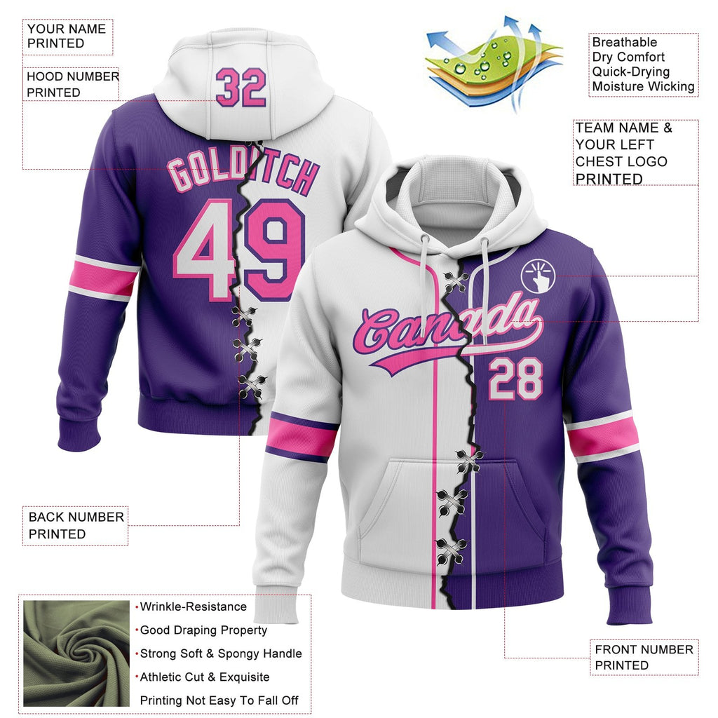 Custom Purple White-Pink Split Ripped Pattern Baseball Pullover Sweatshirt Hoodie photo 3