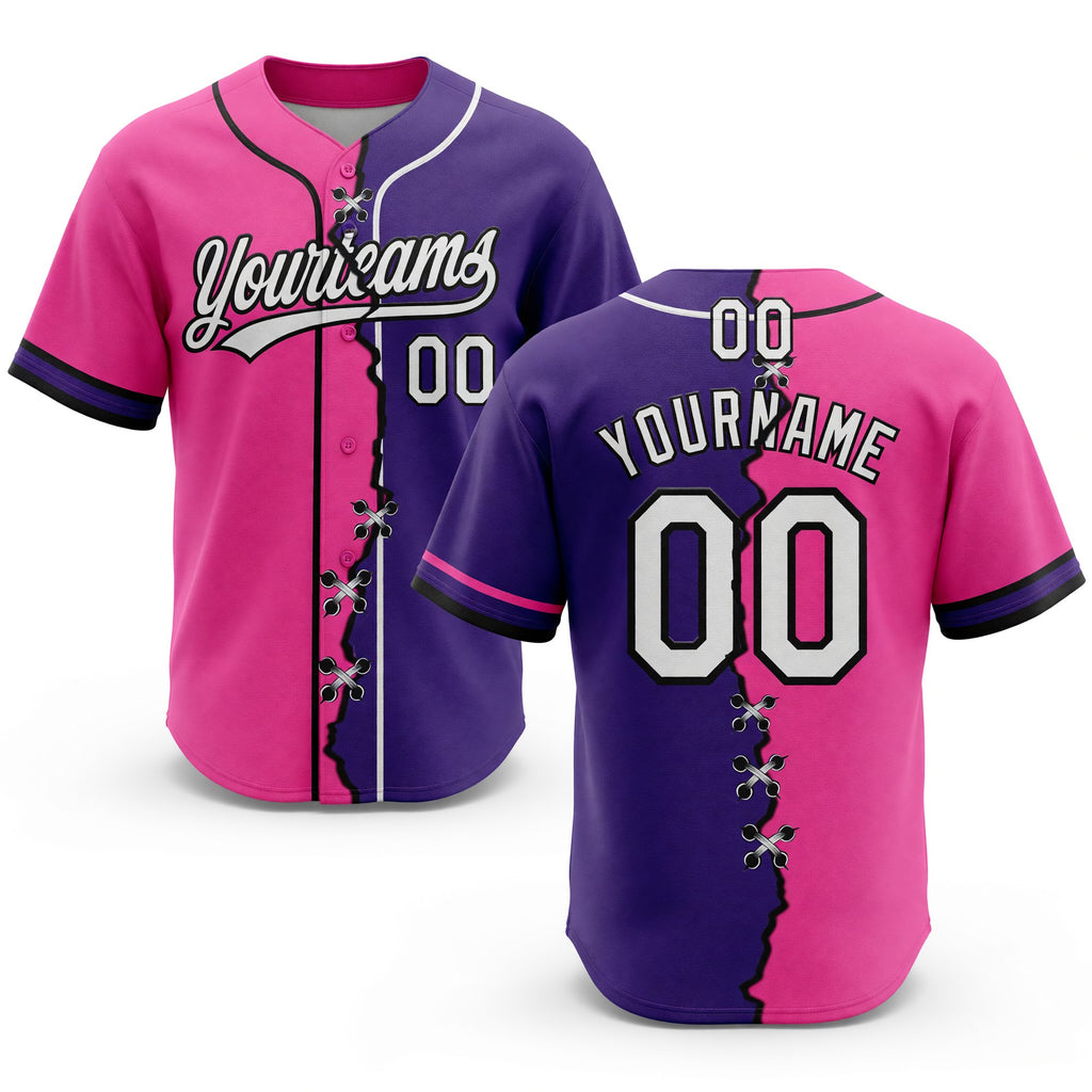 Custom Purple White Pink-Black Split Ripped Pattern Baseball Pullover Sweatshirt Hoodie