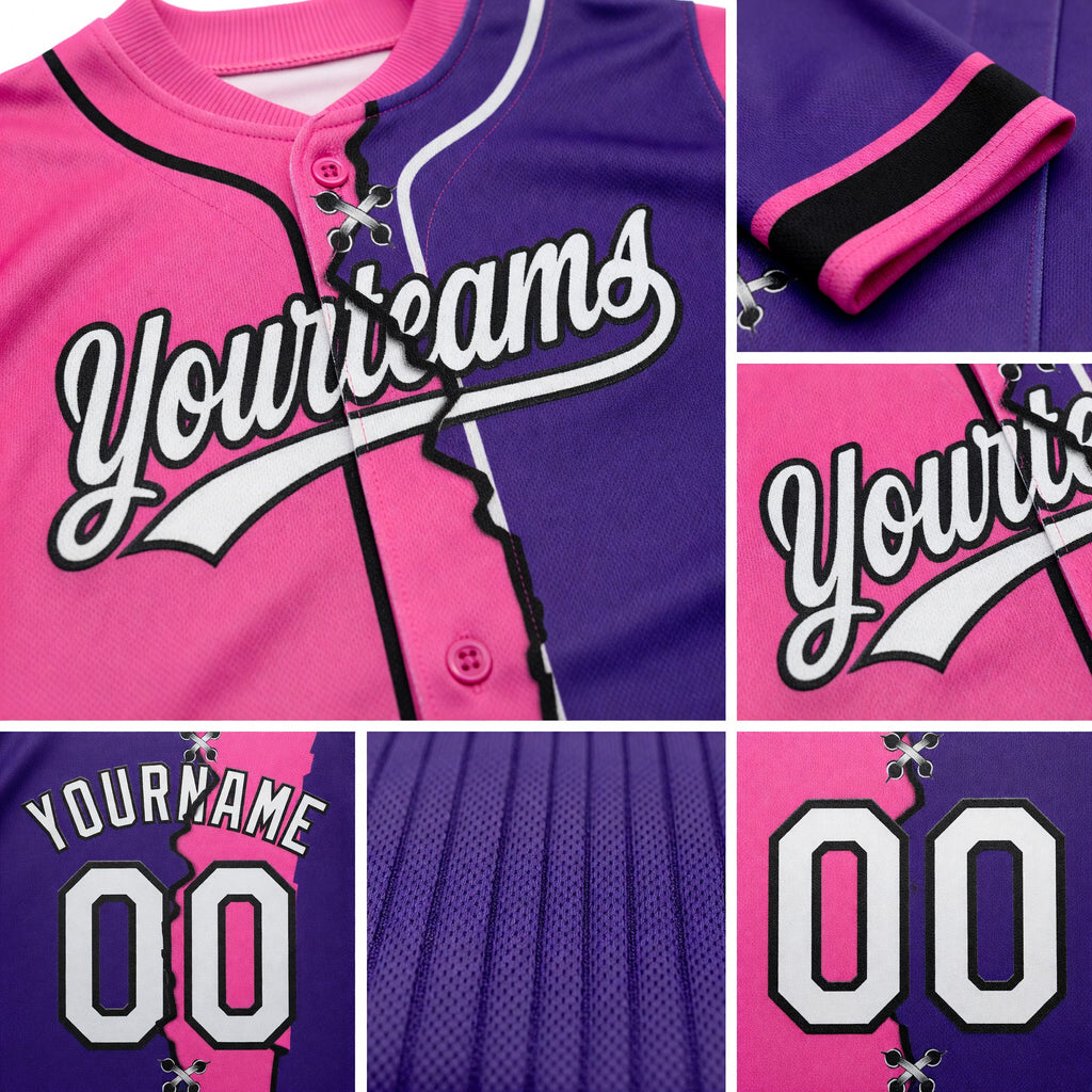 Custom Purple White Pink-Black Split Ripped Pattern Baseball Pullover Sweatshirt Hoodie detail