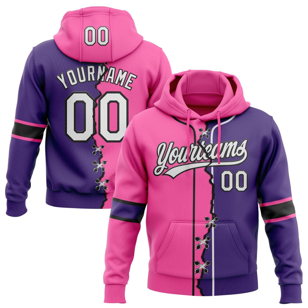 Custom Purple White Pink-Black Split Ripped Pattern Baseball Pullover Sweatshirt Hoodie photo 1