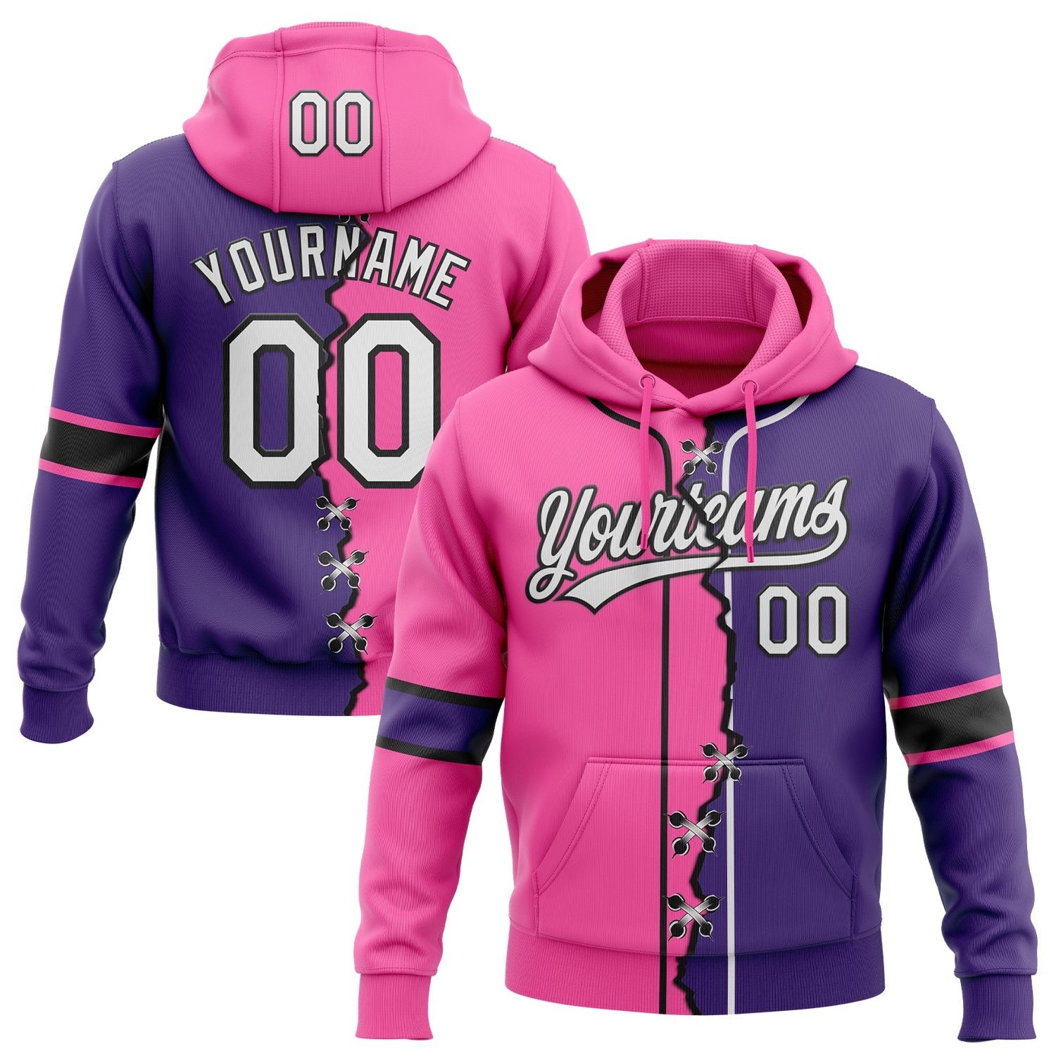 Custom Purple White Pink-Black Split Ripped Pattern Baseball Pullover Sweatshirt Hoodie photo 1