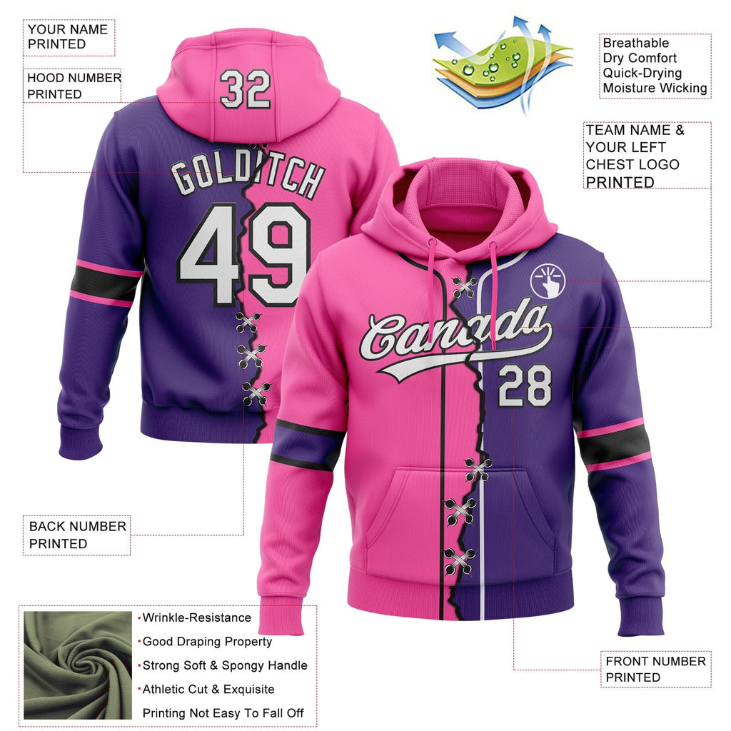 Custom Purple White Pink-Black Split Ripped Pattern Baseball Pullover Sweatshirt Hoodie photo 3