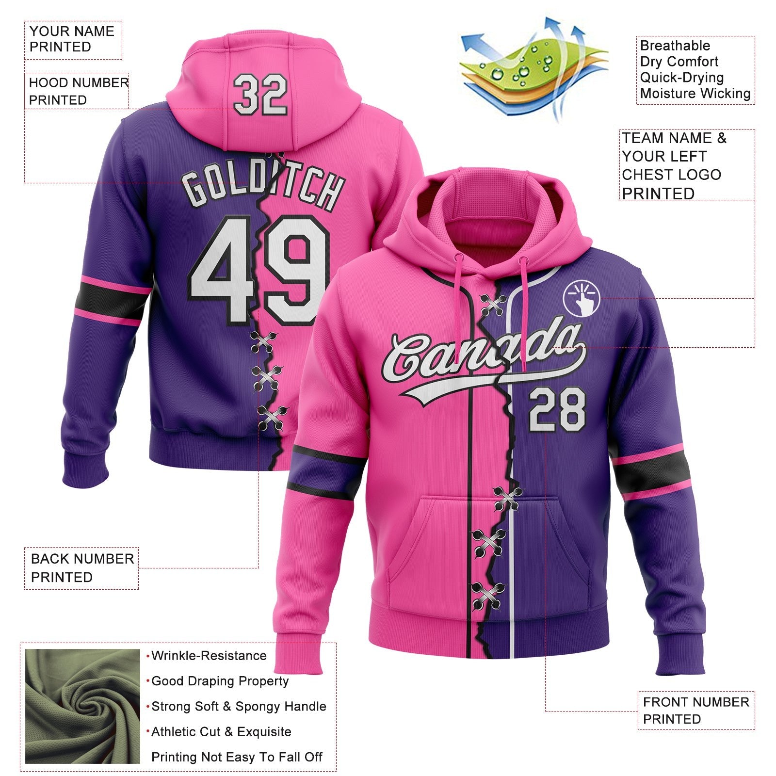 Custom Purple White Pink-Black Split Ripped Pattern Baseball Pullover Sweatshirt Hoodie photo 3