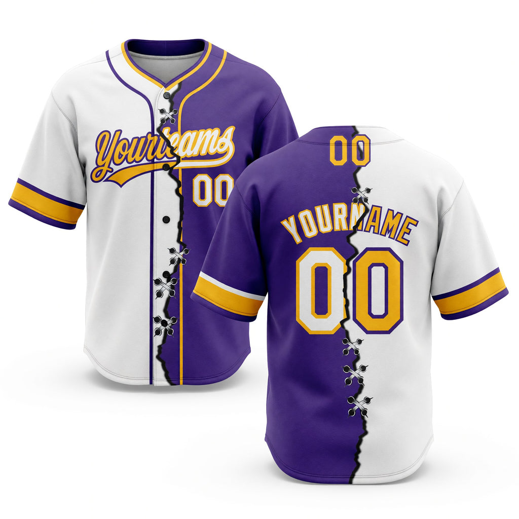 Custom Purple White-Gold Split Ripped Pattern Baseball Pullover Sweatshirt Hoodie